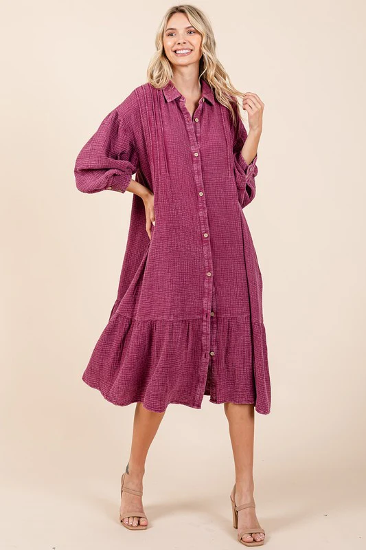 Mittoshop Mineral Wash Cotton Gauze Ruffle Midi Shirt Dress - Lositime