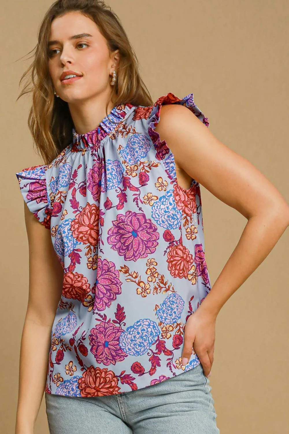 Umgee Full Size Floral Print Ruffled Cap Sleeve Blouse Plus Size - Lositime