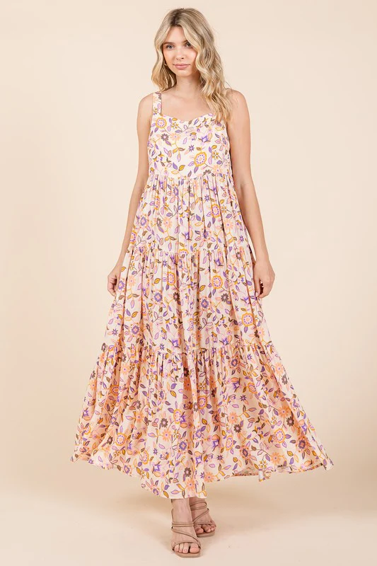 Mittoshop Flower Print Tiered Sleeveless Empire Maxi Dress - Lositime