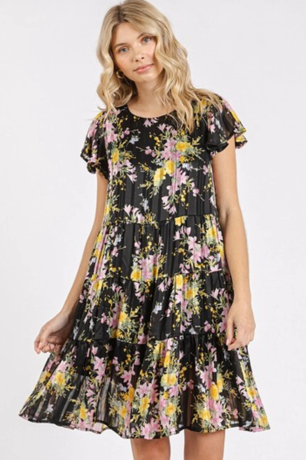 Mittoshop Flower Print Round Neck Flutter Sleeve Tiered Dress - Lositime