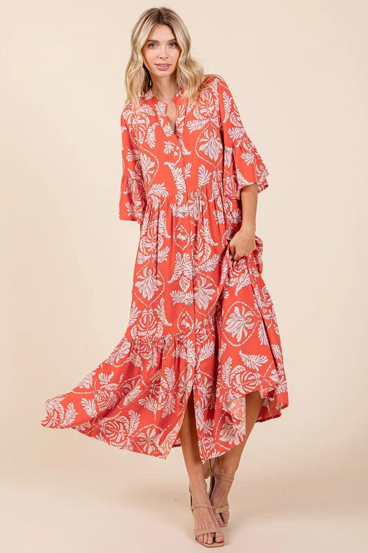 Mittoshop Abstract Leaf Print Tiered Ruffle Dress - Lositime