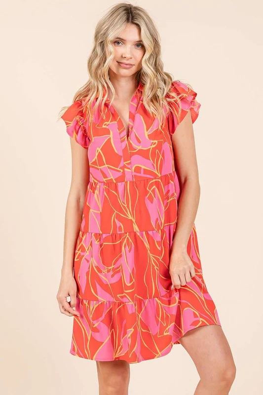 Mittoshop Leaf Print Ruffle Sleeve Tiered Mini Dress - Lositime