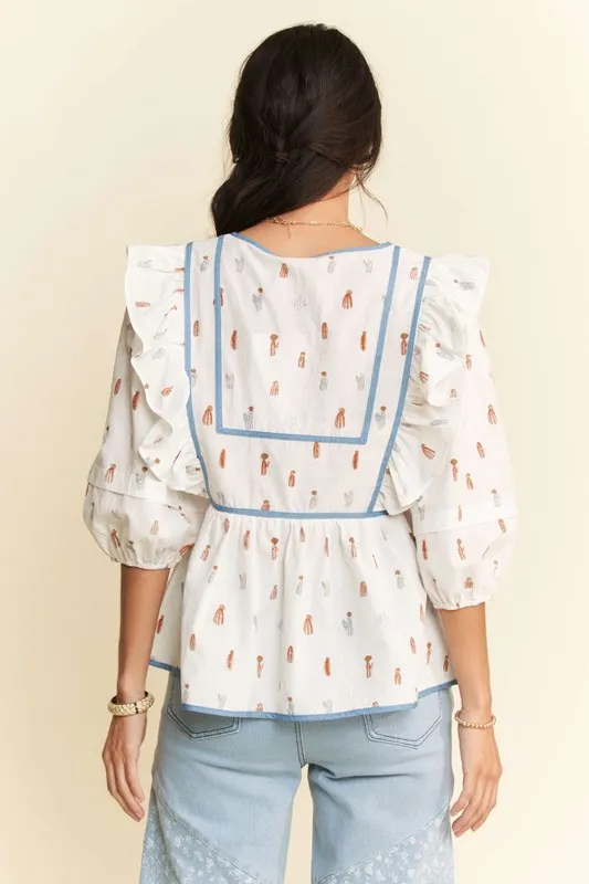 Davi & Dani Cactus Conversational Denim Binding Bodice Blouse - Lositime
