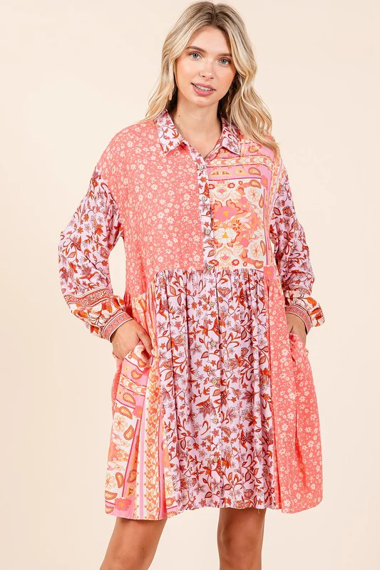 Mittoshop Floral Button Detail Long Sleeve Shirt Dress - Lositime