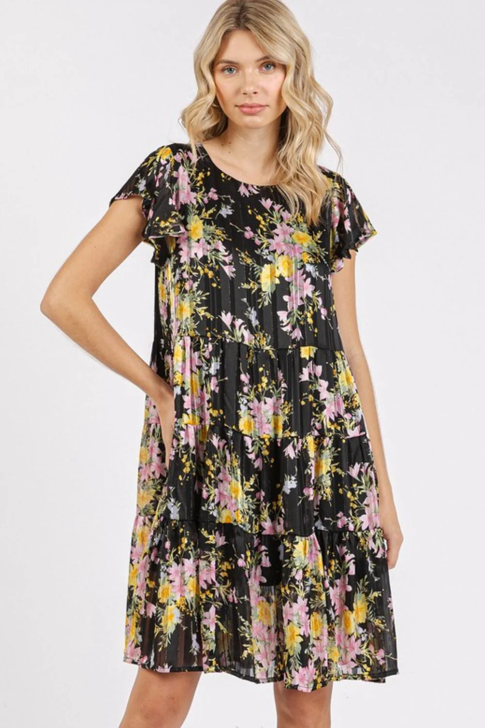 Mittoshop Flower Print Round Neck Flutter Sleeve Tiered Dress - Lositime