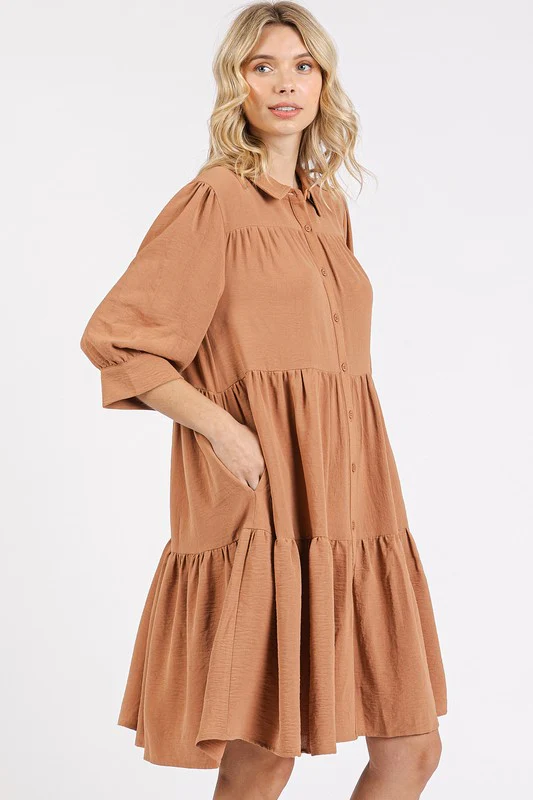 Mittoshop Button Detail Collared Neck Tiered Shirt Dress - Lositime