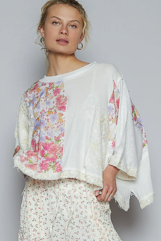 POL Floral Lace Patch Round Neck Double Gauze Top - Lositime