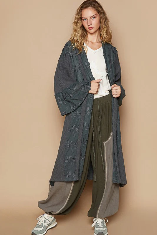 POL Flower Lace Trim Open Front Longline Cardigan - Lositime