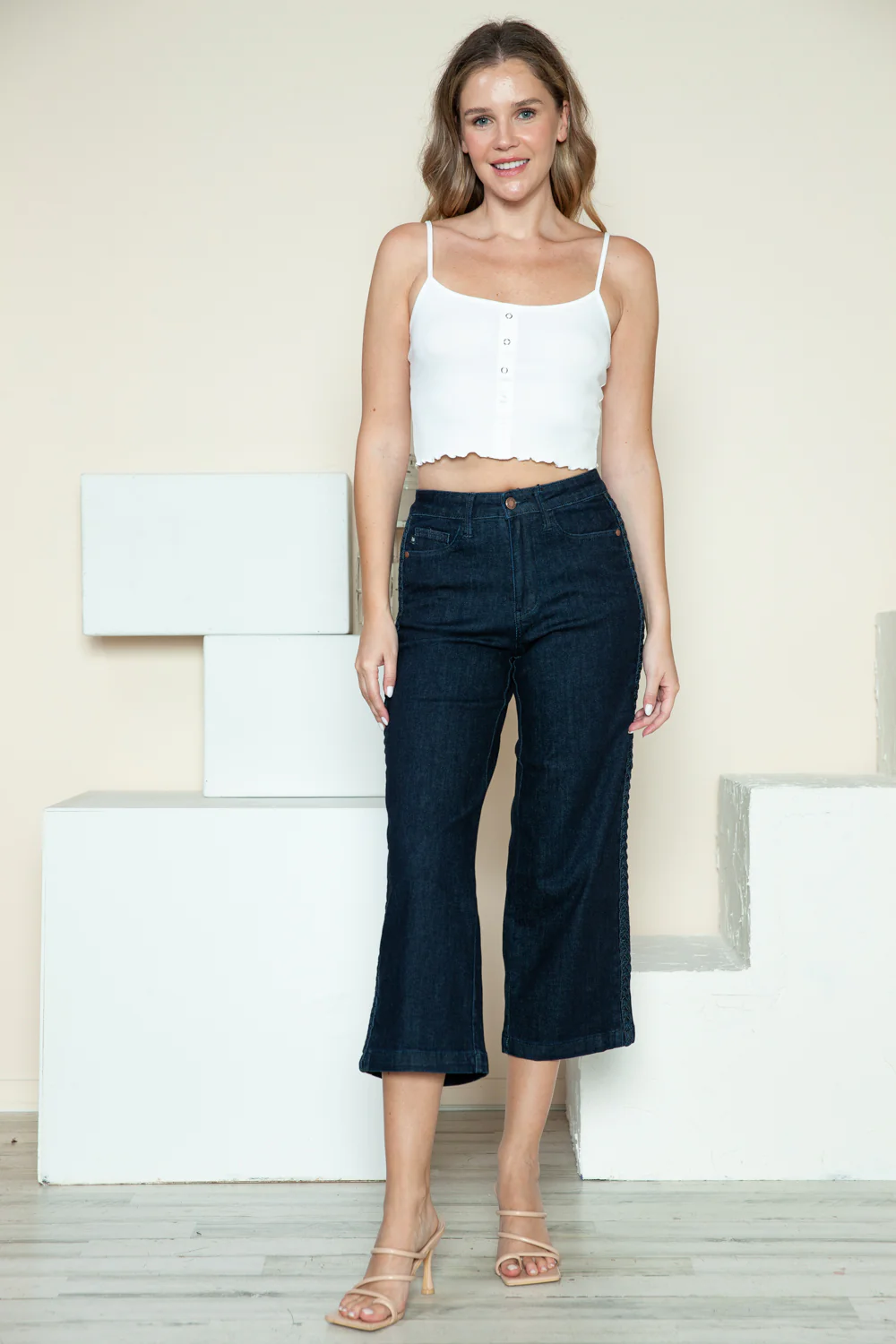 Judy Blue Full Size Side Seam Braid Detail Crop Wide Leg Jeans - Lositime