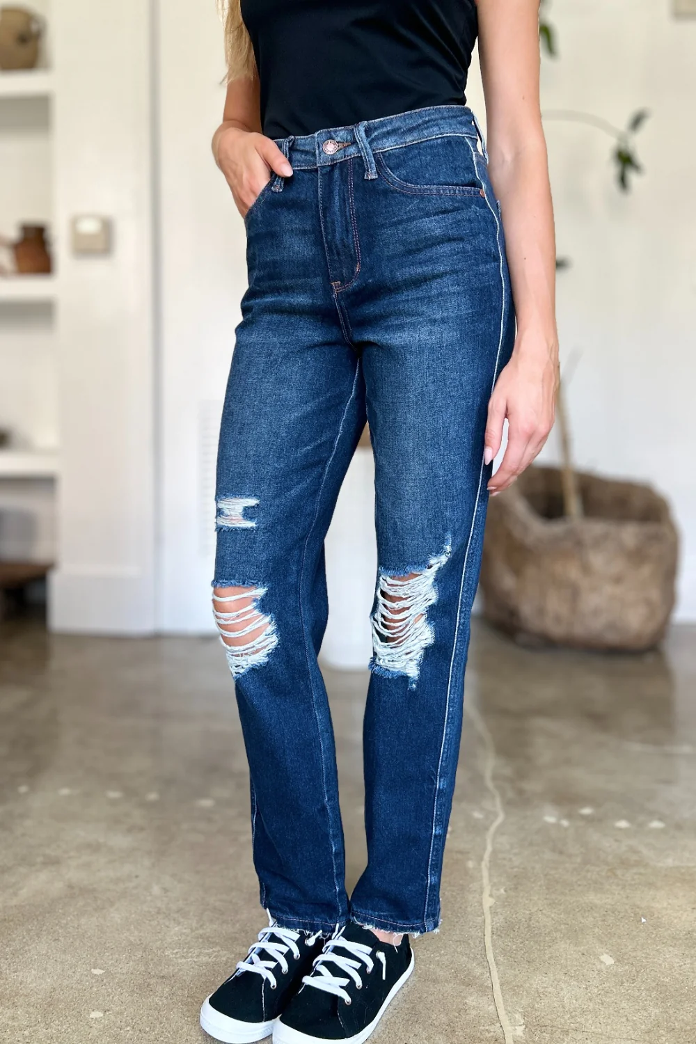 Judy Blue Full Size High Waist Rigid Magic Heavy Destroy Straight Jeans - Lositime