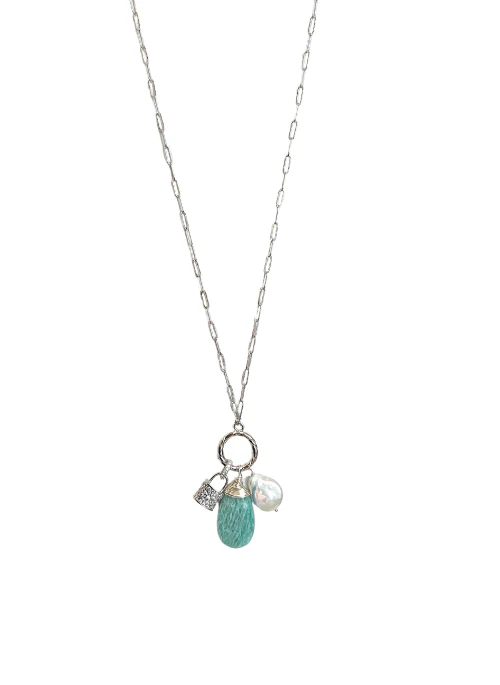 2 Way Amazonite Silver Necklace with Charms - Lositime
