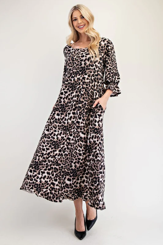Celeste Full Size Leopard Round Neck Flounce Sleeve Dress - Lositime