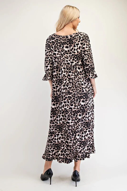 Celeste Full Size Leopard Round Neck Flounce Sleeve Dress - Lositime