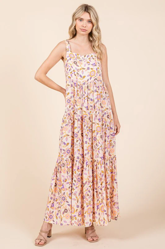 Mittoshop Flower Print Tiered Sleeveless Empire Maxi Dress - Lositime