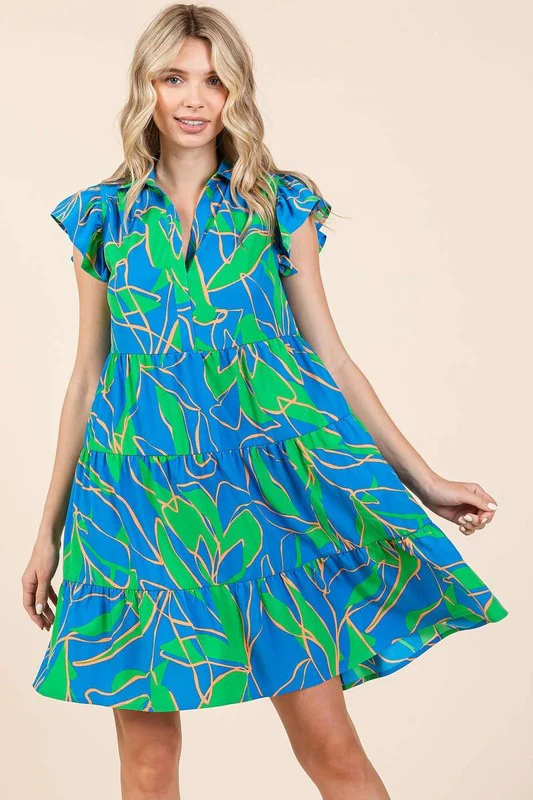 Mittoshop Leaf Print Ruffle Sleeve Tiered Mini Dress - Lositime