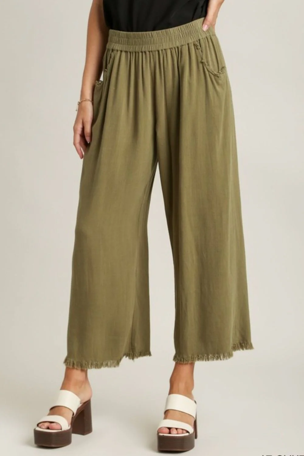 Umgee Full Size Linen Blend Elastic Waistband Wide Leg Pants Plus Size - Lositime