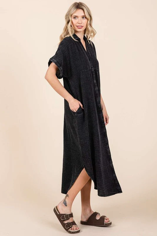 Mittoshop Mineral Wash V Neck Button Up Midi Shirt Dress - Lositime