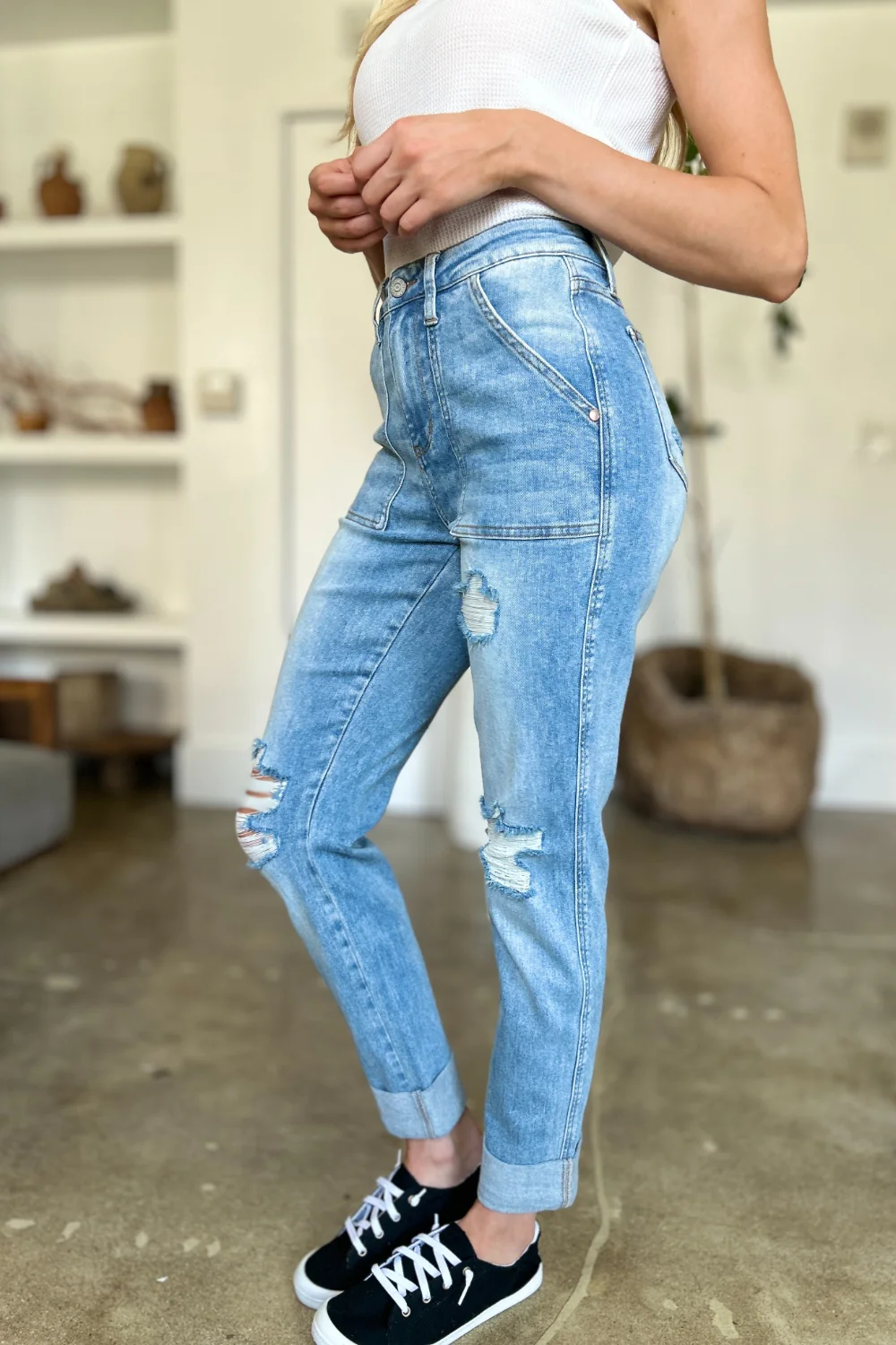 Judy Blue Full Size Distressed Straight Jeans with Patch Pockets - Lositime