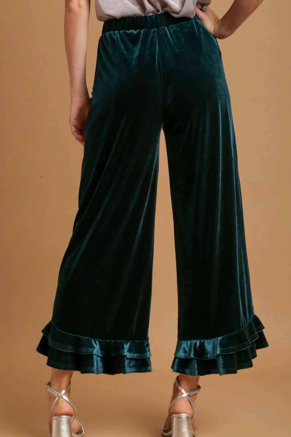 Umgee Full Size Wide Fit Ruffle Velvet Pants with Embroidered Pockets Plus Size - Lositime