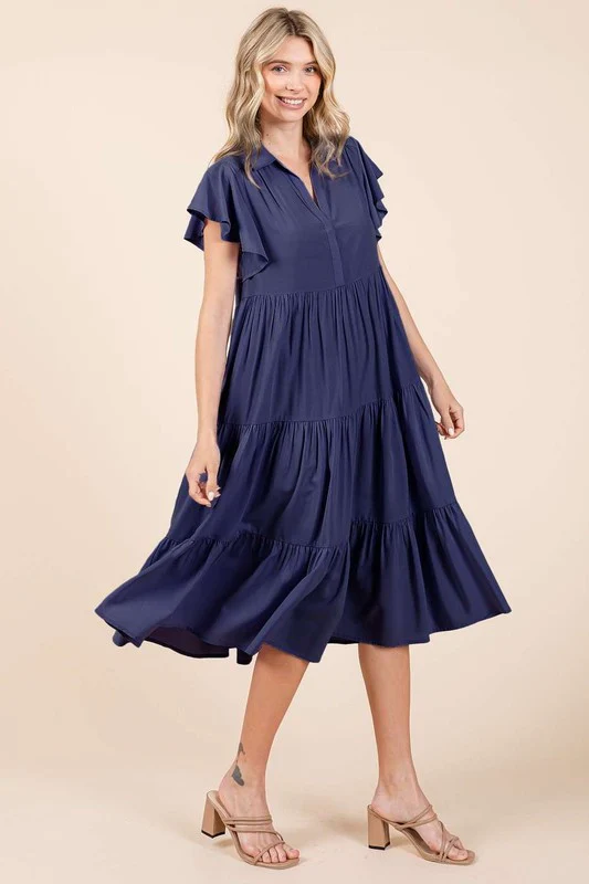 Mittoshop Ruffle Sleeve Collared V Neck Tiered Midi Dress - Lositime
