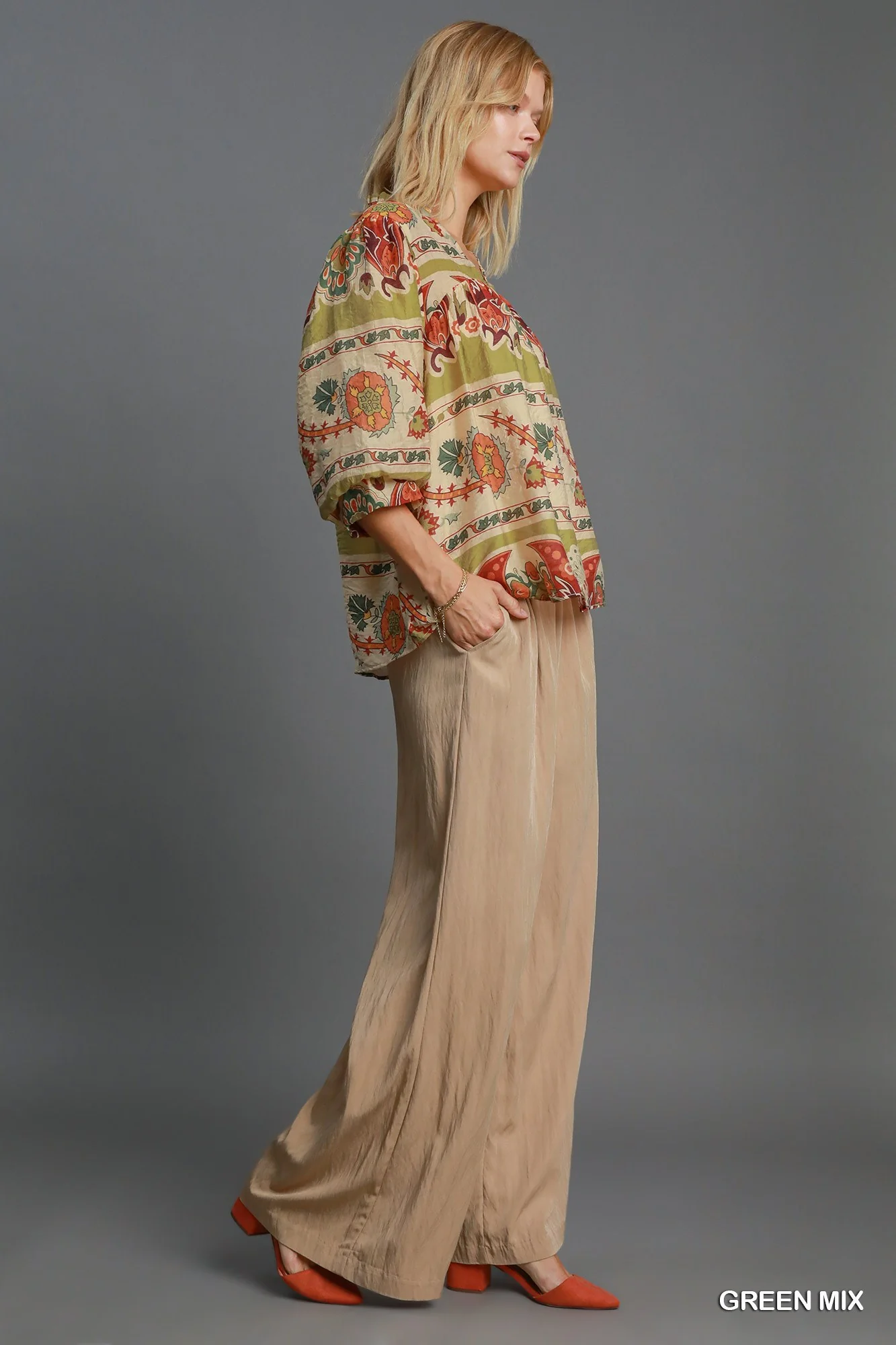 Umgee Full Size Border Print Notched 3/4 Puff Sleeve Blouse Plus Size - Lositime