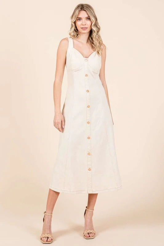 Mittoshop Stretch Twill Decor Button Sleeveless Midi Dress - Lositime