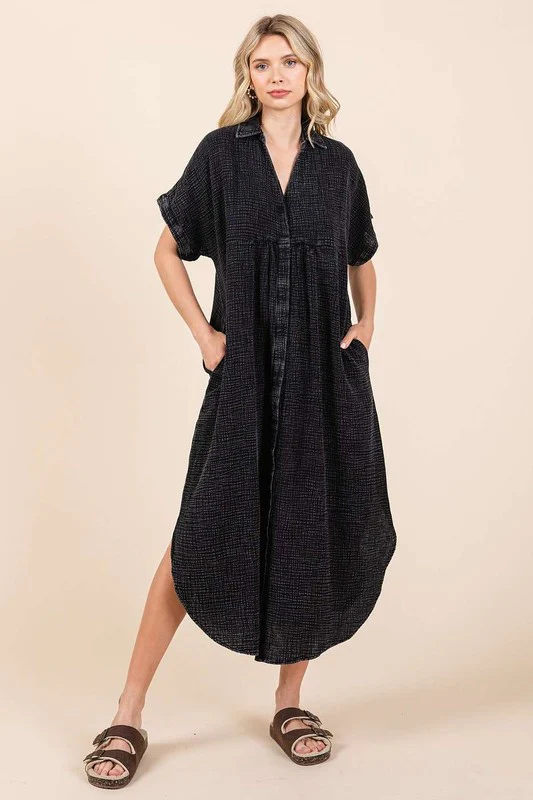 Mittoshop Mineral Wash V Neck Button Up Midi Shirt Dress - Lositime