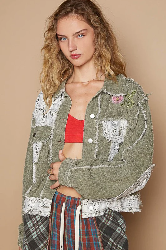 POL Crochet Patch Embroidered Button Up Jacket - Lositime