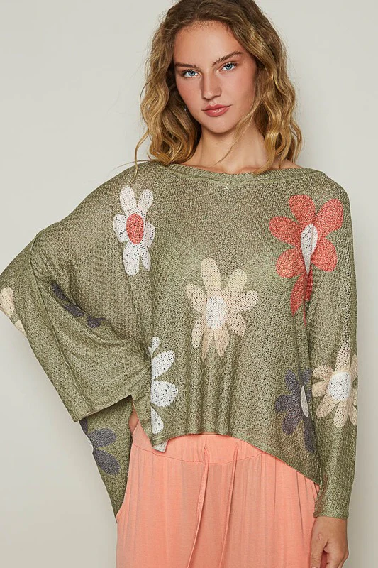 POL Flower Dropped Shoulder Long Sleeve Knit Top - Lositime