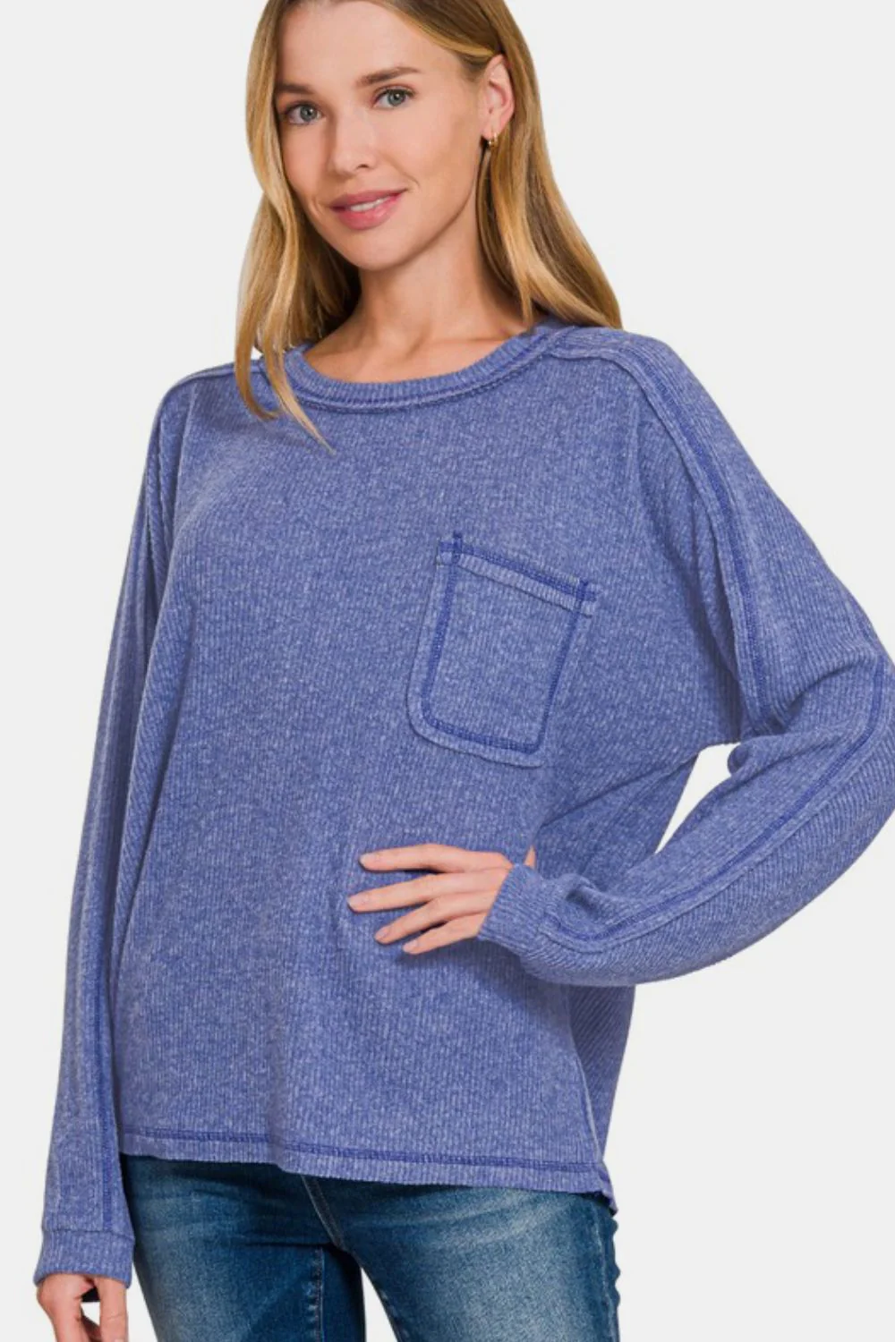 Zenana Full Size Contrast Stitching Brushed Ribbed Hacci Knit Top - Lositime