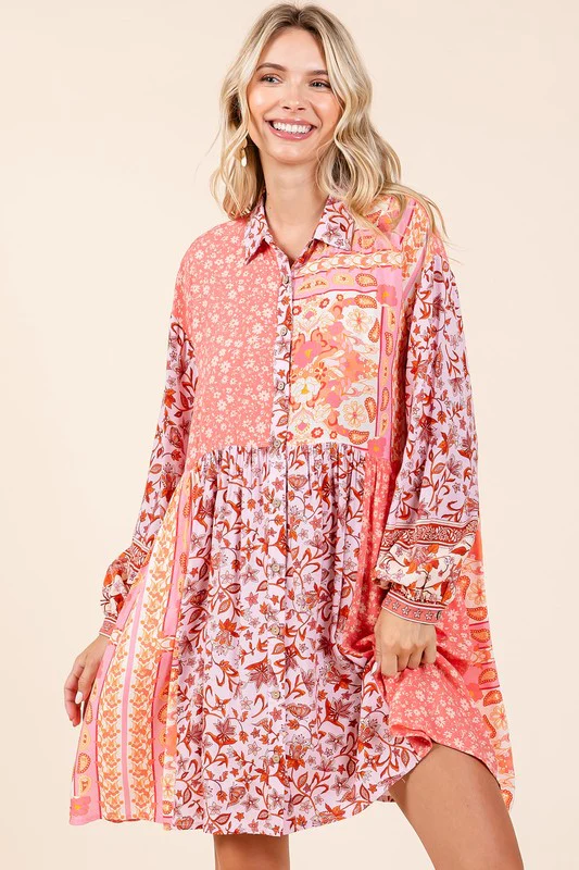 Mittoshop Floral Button Detail Long Sleeve Shirt Dress - Lositime