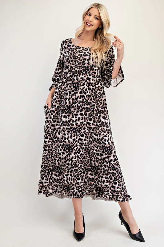 Celeste Full Size Leopard Round Neck Flounce Sleeve Dress - Lositime